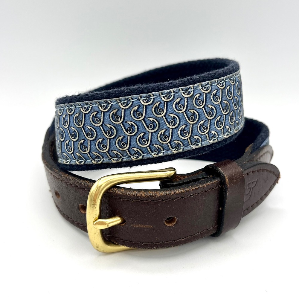 Vineyard Vines Kids Leather Canvas Belt Blue Fish Hook Size 24 Preppy Nautical